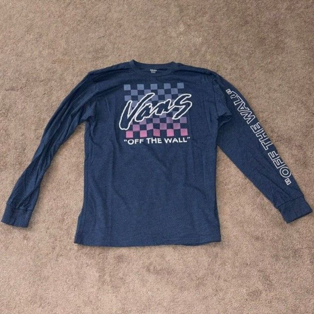 Vans Off The Wall Men’s Size M Blue Heather Checkered Graphic Long Sleeve Shirt